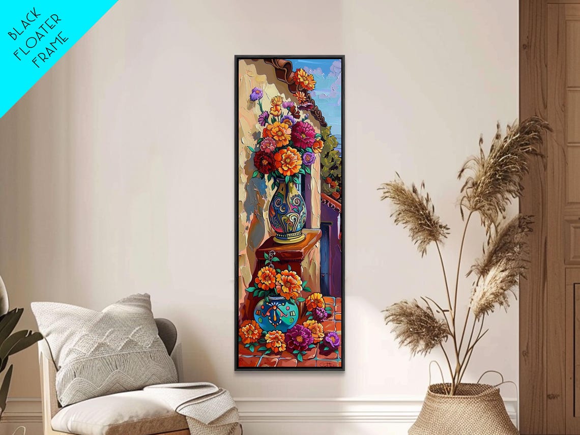 Mexican Talavera Vase Zinnia Flowers Courtyard Impasto Wall Art Poster - Image 5
