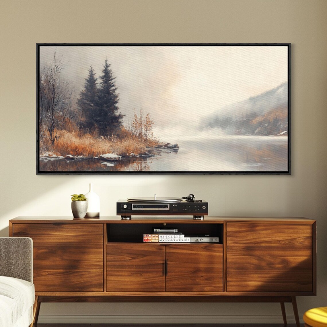 Fall On The River Watercolor Misty Banks Pines Still Water Poster - Image 6