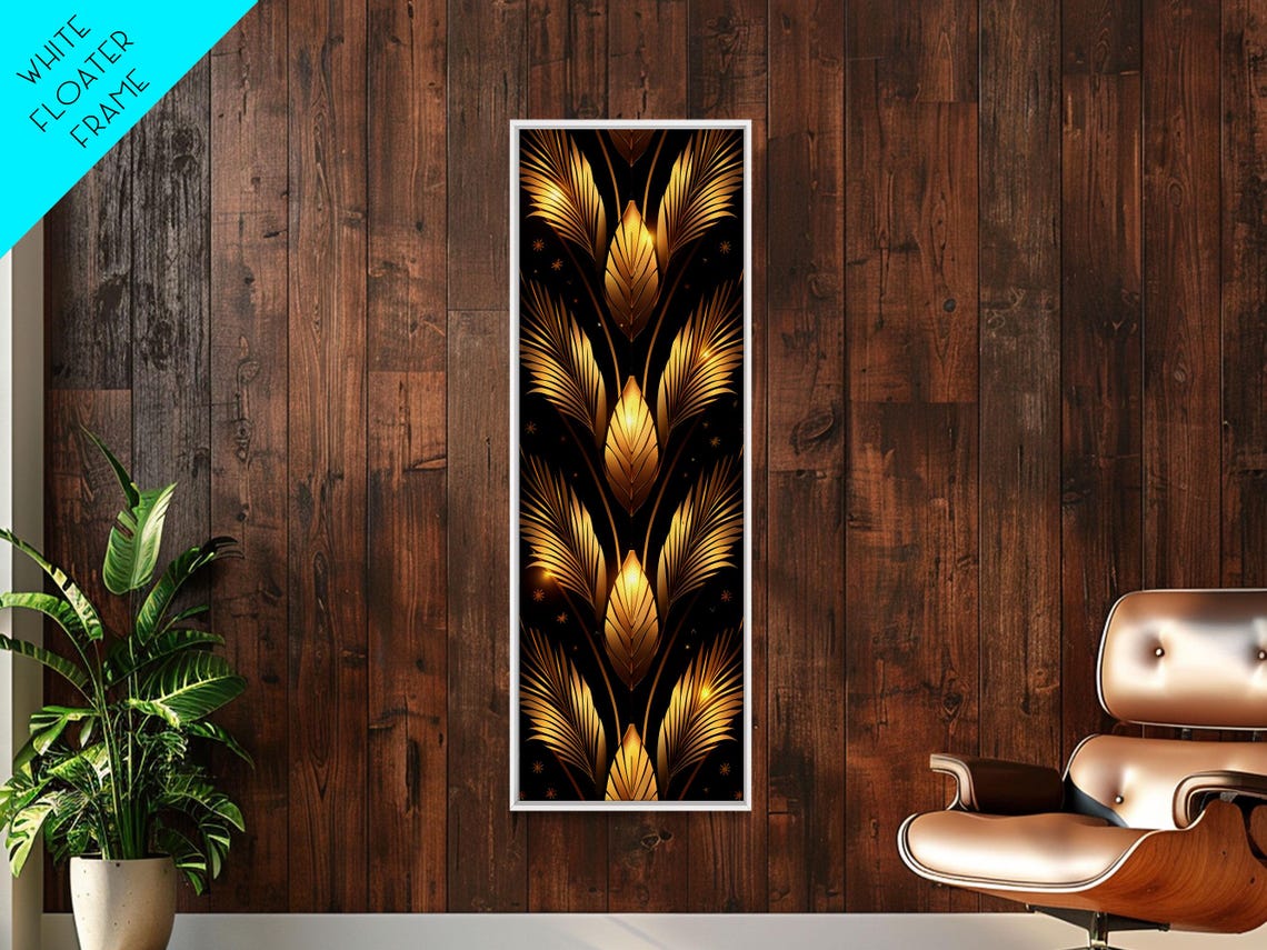 Gold Palm Leaf Feathers Pattern Black Background Art Deco Print - Image 6