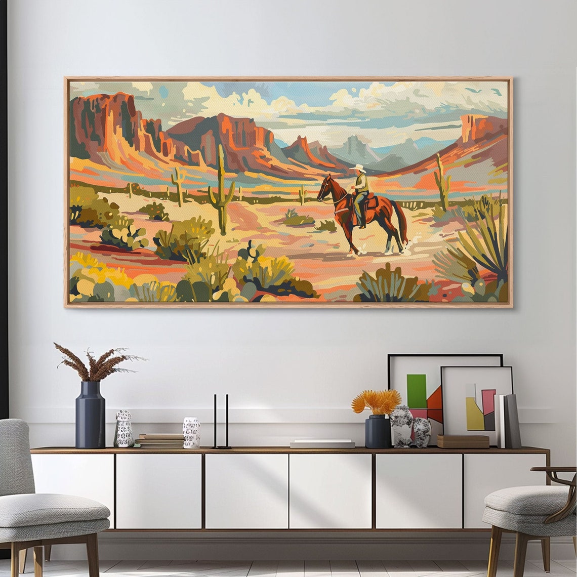 Cowboy Riding Through Red Rock Desert Canyon Saguaro Cactus Art Poster - Image 2