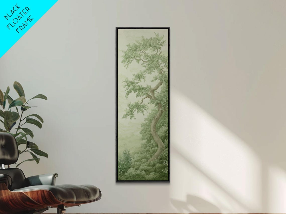 Misty Green Tree Landscape Tall Narrow Wabi Sabi Botanical Art Print - Image 6