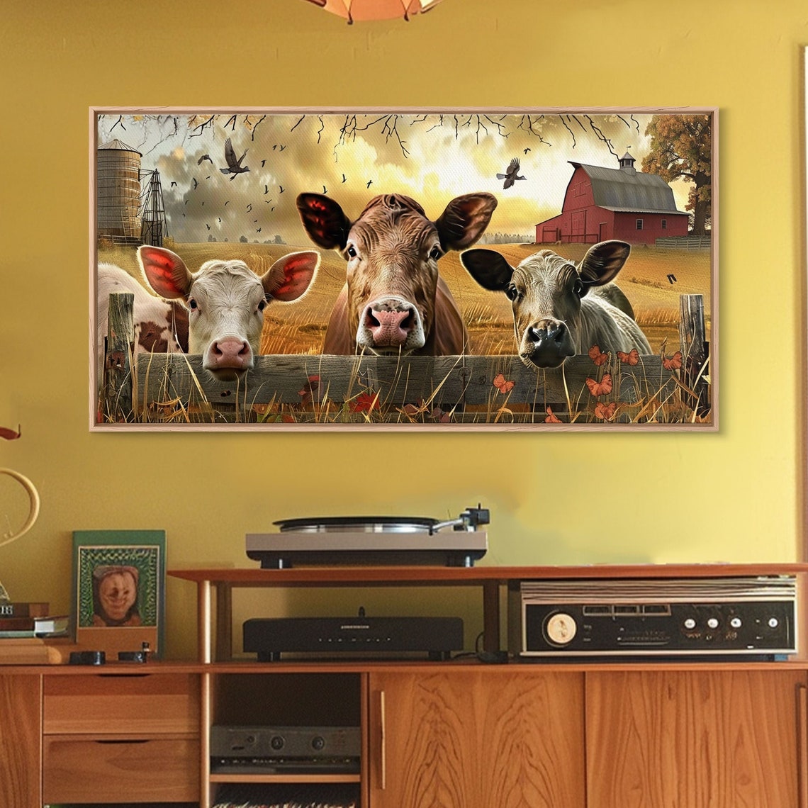 Three Curious Cows Peeking Over Fence Farm Barn Sunset Art Poster - Image 2