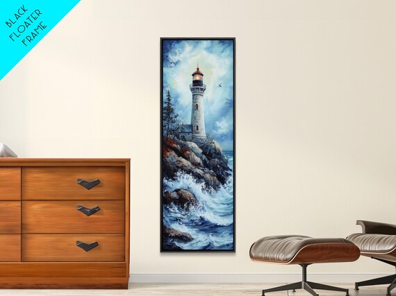 Rocky Coast Lighthouse Tower Crashing Ocean Waves Nautical Sky Wall Poster