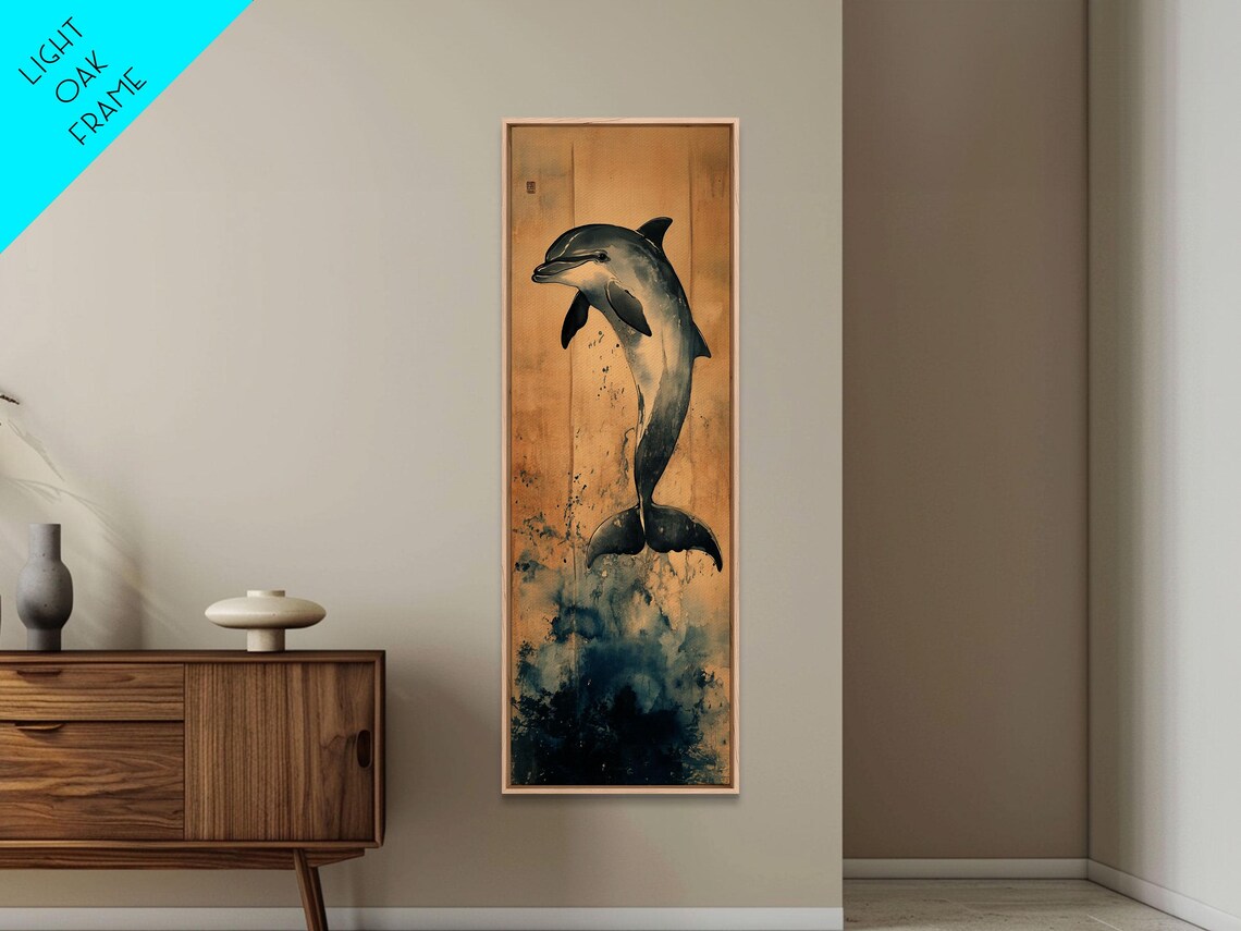 Leaping Dolphin Realistic Golden Sand Splash Coastal Marine Art Poster - Image 3