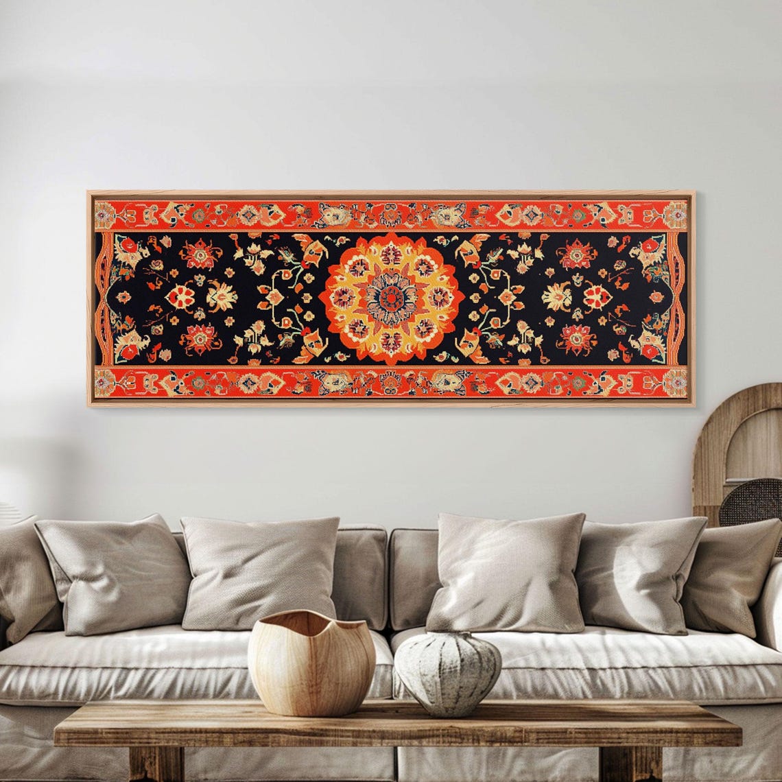 Red Black Floral Medallion Tapestry Pattern Panoramic Art Print