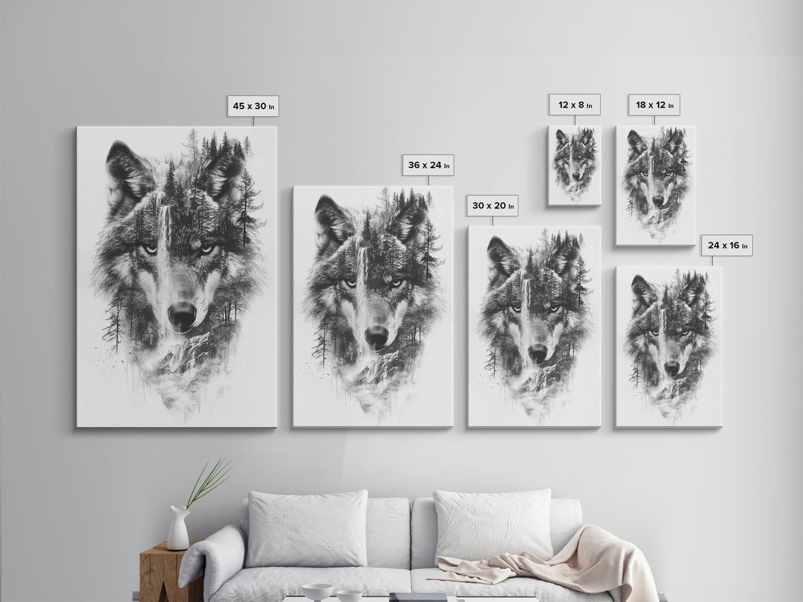 Black and White Wolf Forest Poster with Waterfall Double Exposure - Image 2