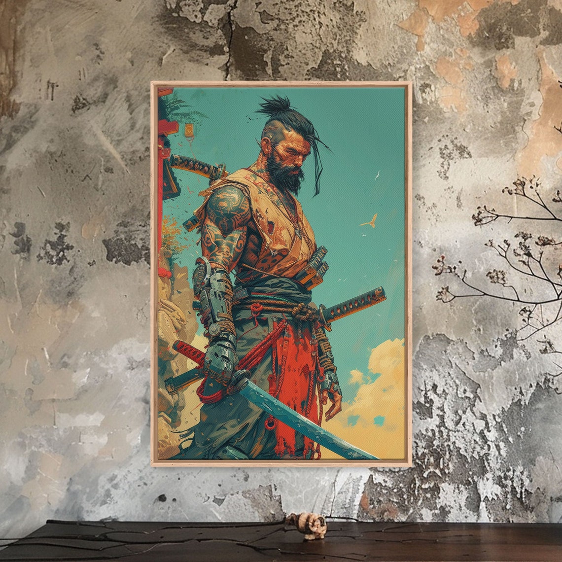 Tattooed Samurai Warrior Ink Punk Poster with Swords on Teal Art - Image 5