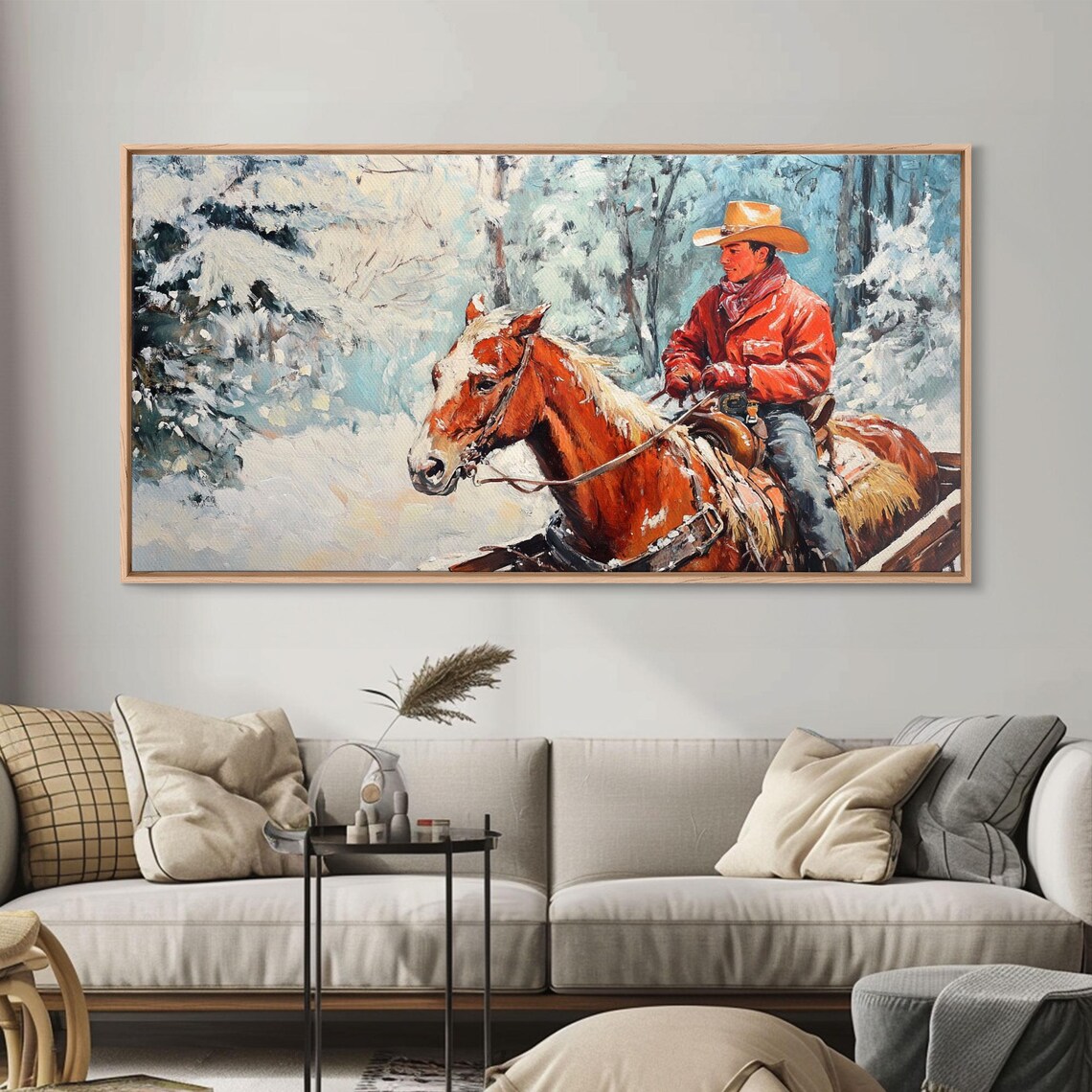 Cowboy In Red Jacket Riding Chestnut Horse Through Snowy Woods Poster - Image 6
