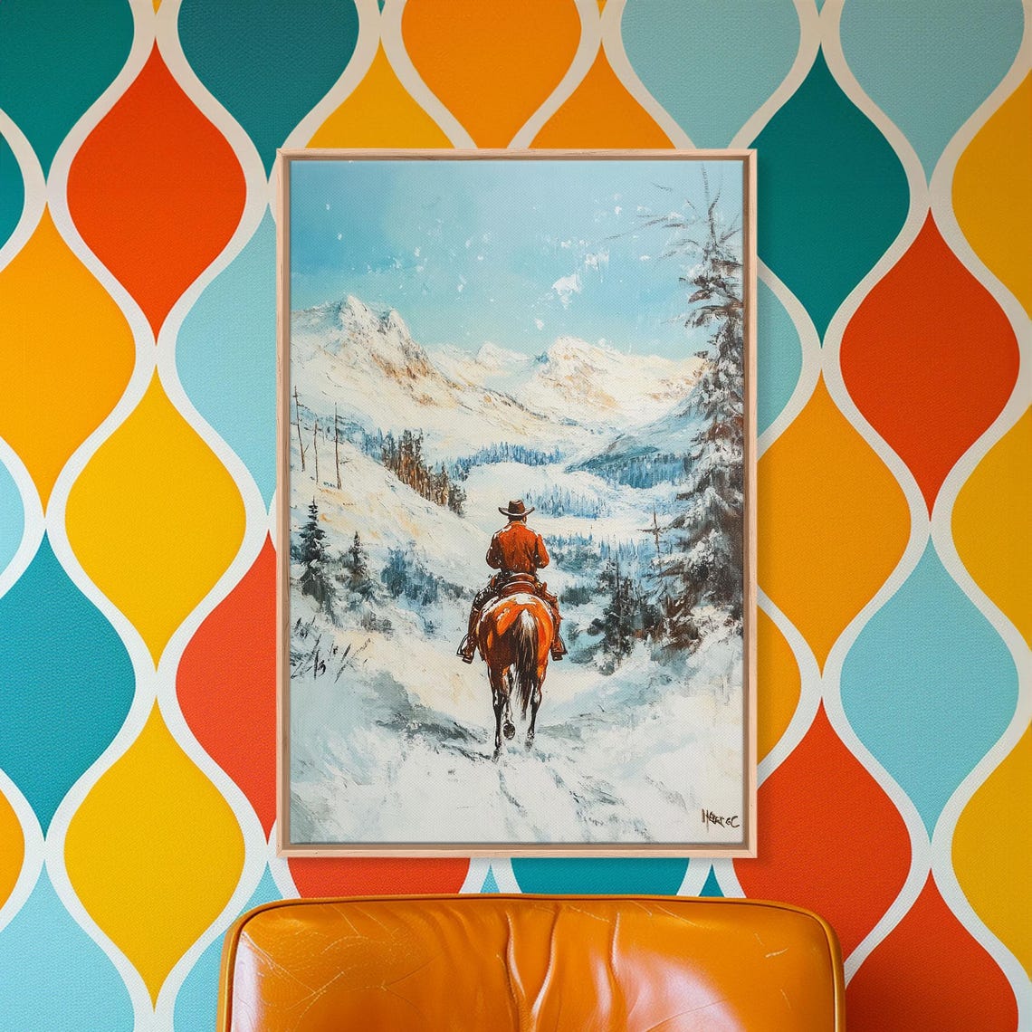 Cowboy Riding Snowy Valley Snowcapped Mountains Blue Sky Art Poster - Image 3