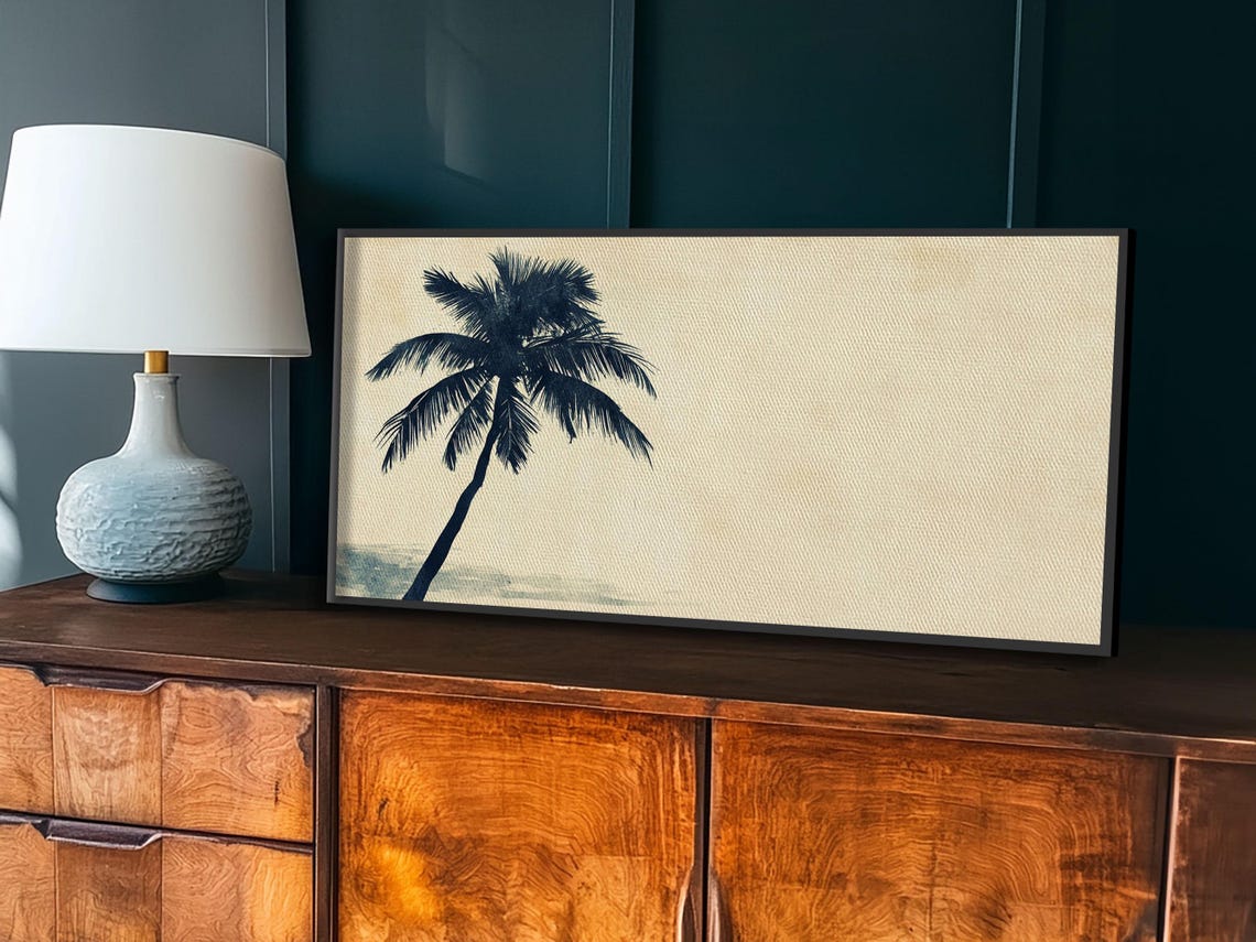 Leaning Palm Tree Silhouette Cream Beach Minimalist Painting Wall Art - Image 5