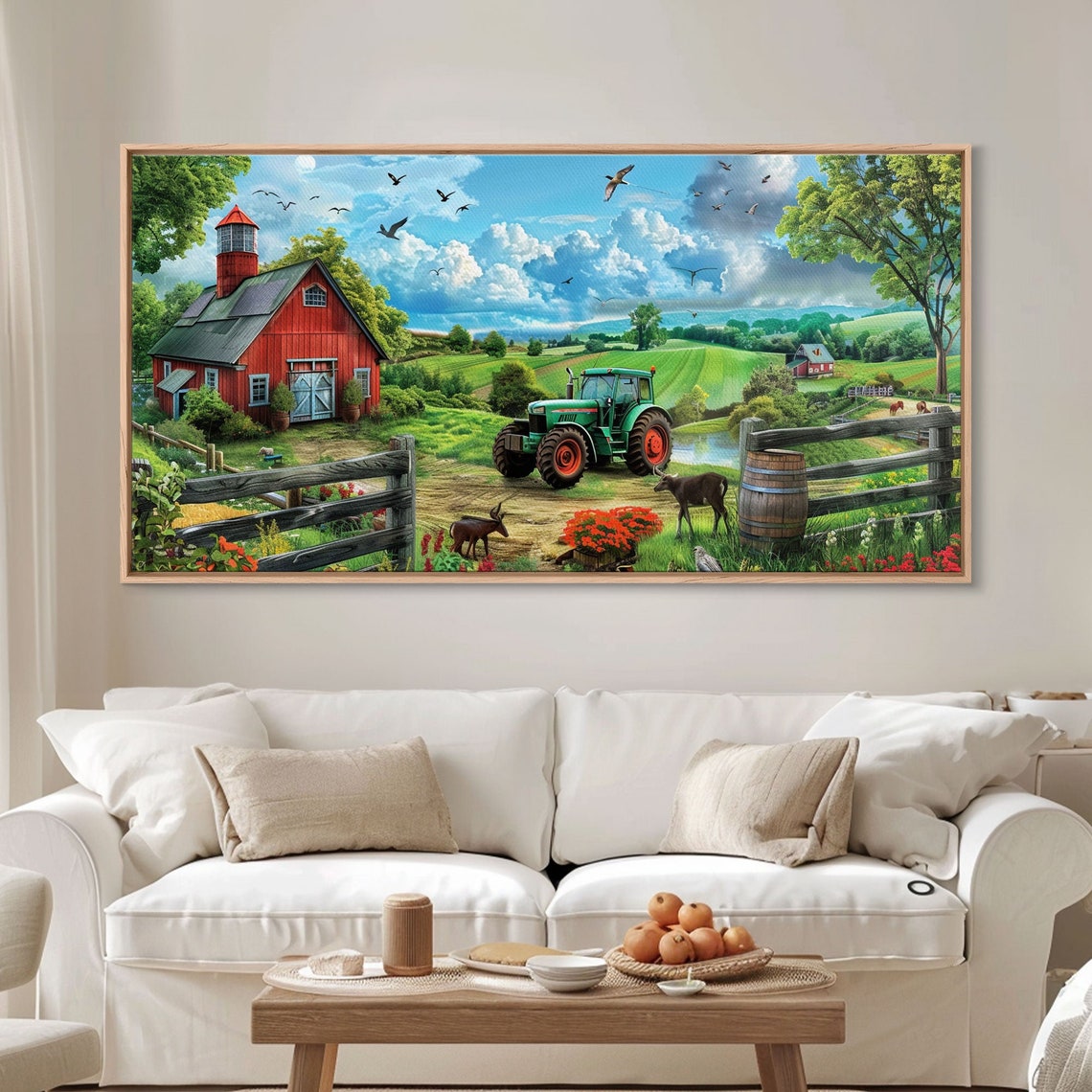 Red Barn Green Tractor Goats Pond Country Farm Summer Art Poster - Image 3
