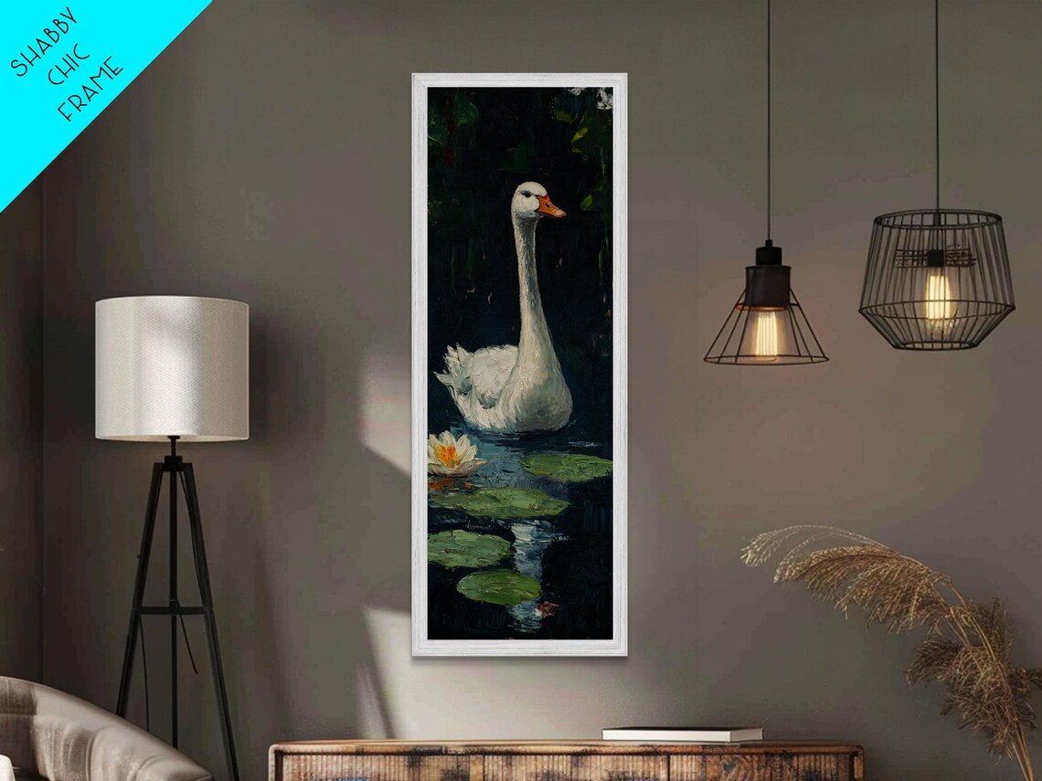 White Swan on Dark Lily Pond Water Lilies Graceful Bird Wall Art - Image 4
