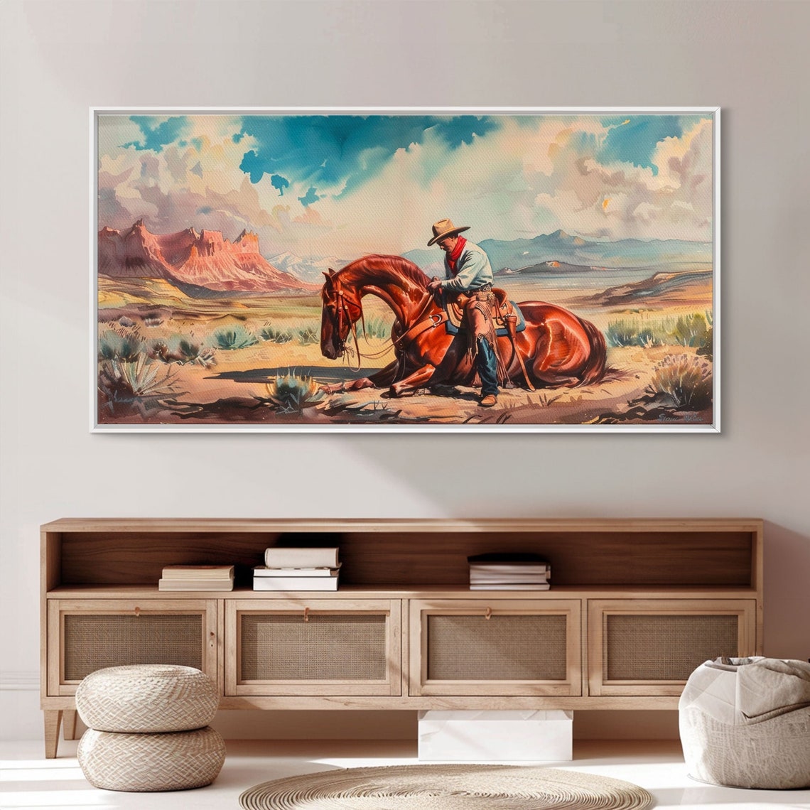 Cowboy Beside Resting Horse Desert Valley Western Painting Art Poster