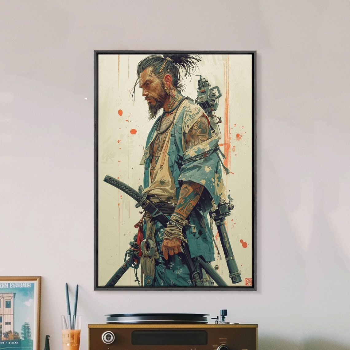 Tattooed Samurai Warrior Katana Ink Splash Japanese Art Print - Image 3