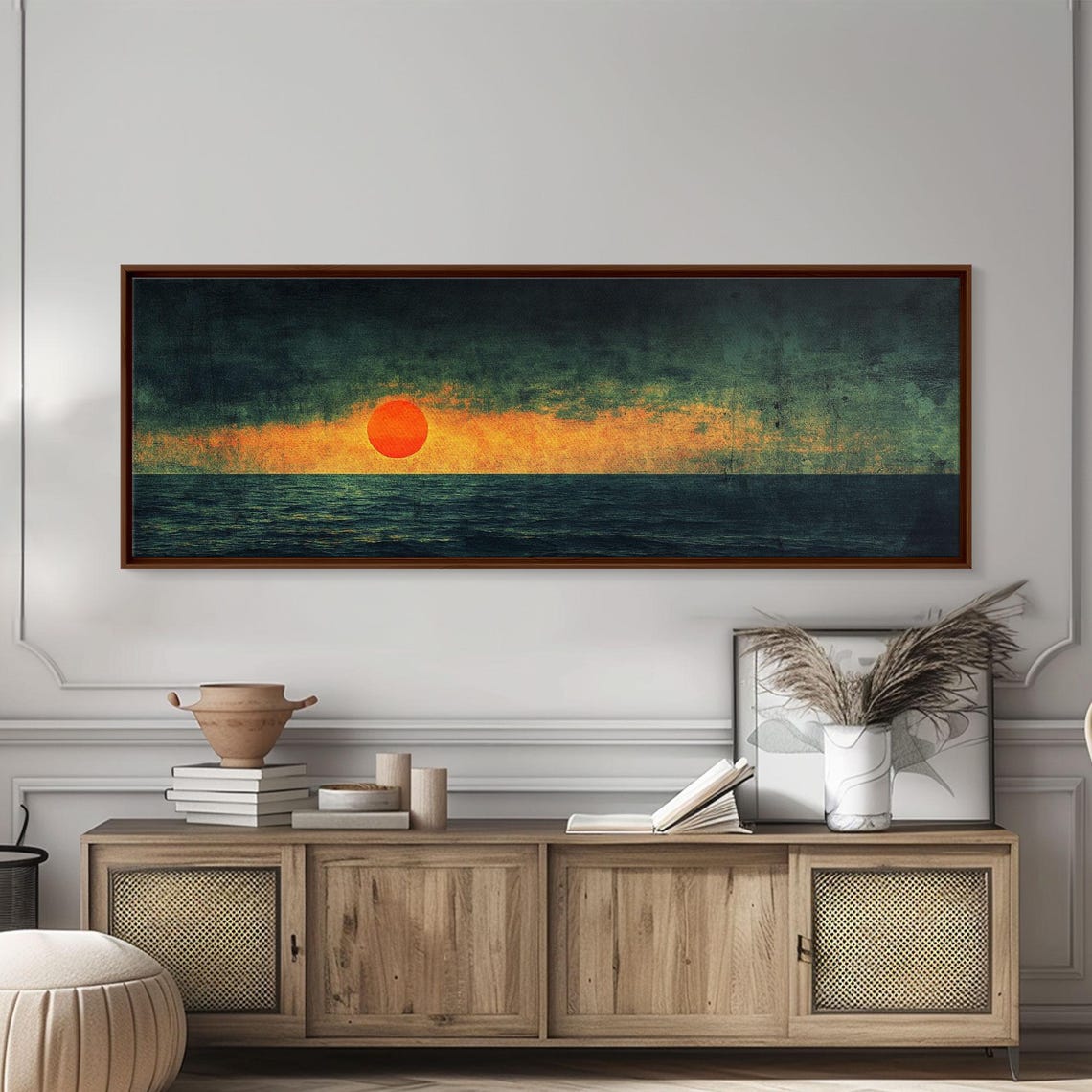 Moody Ocean Sunset Emerald Sea Big Orange Sun Panoramic Art Print - Image 5