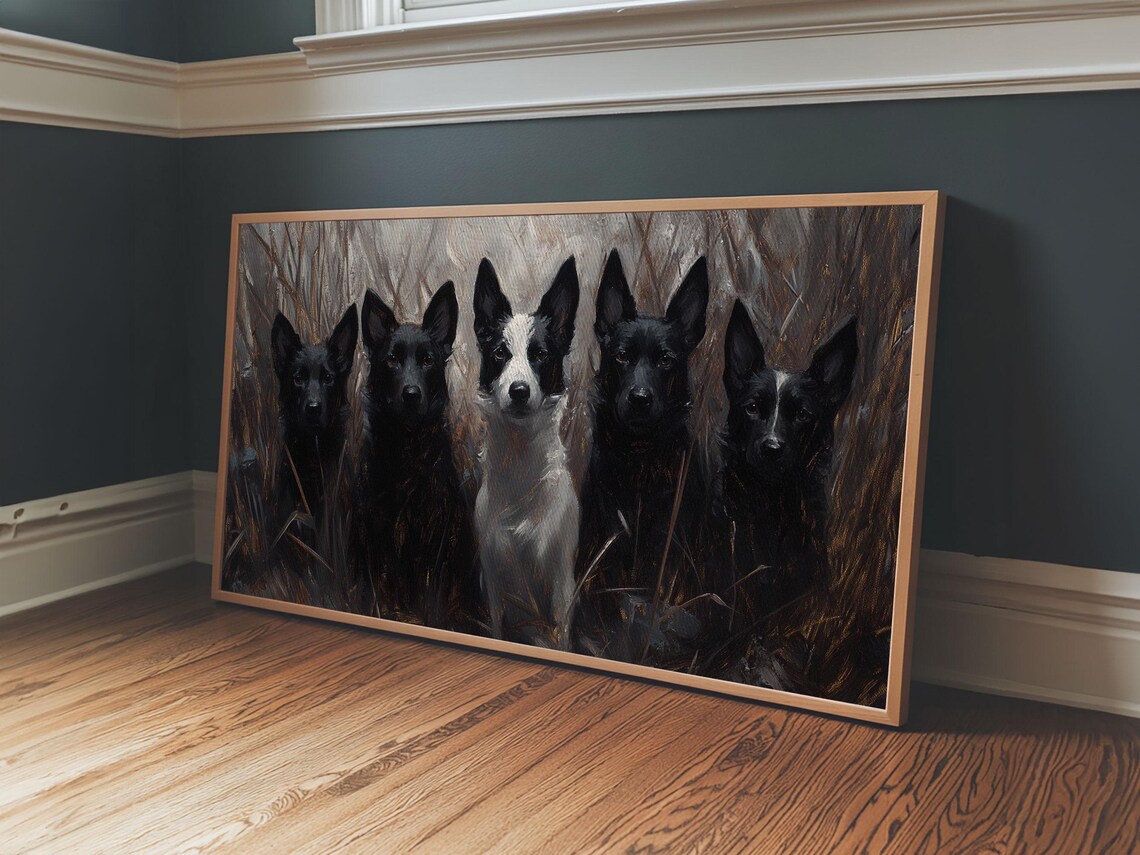 Five Black Hunting Dogs Pack Tall Grass Oil Painting Wall Art