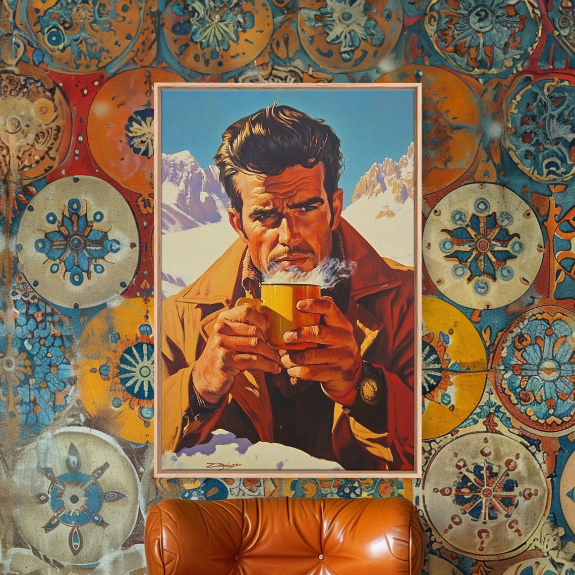 Rugged Man Drinking Hot Coffee Snowy Mountain Morning Art Poster - Image 4