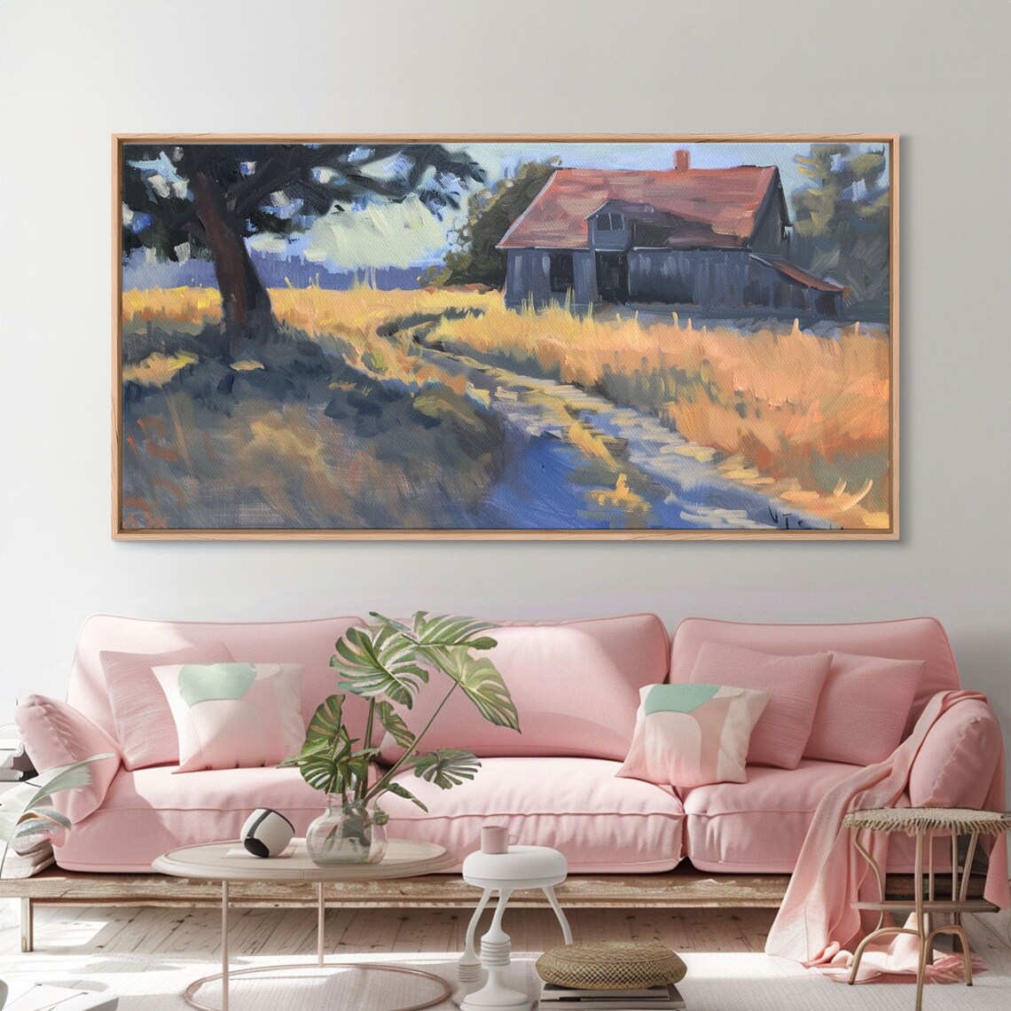Quaint Old Barn Country Road Golden Wheat Field Dappled Light Wall Art - Image 3