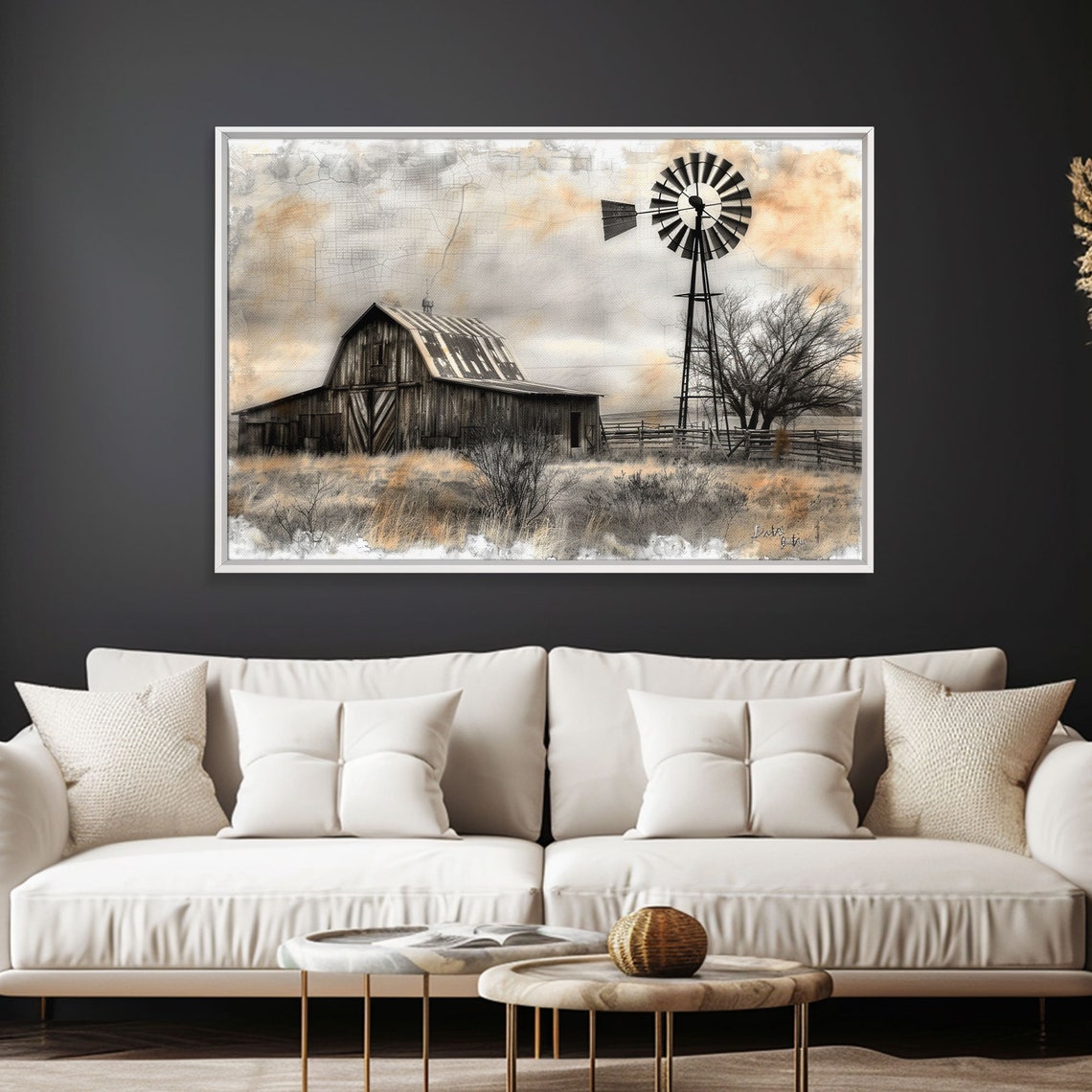 Old Rustic Barn With Windmill Sepia Prairie Landscape Painting Print - Image 4