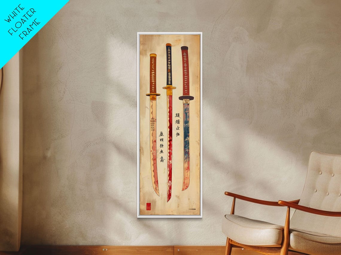 Three Samurai Swords Japanese Characters Cream Vintage Art Poster - Image 2