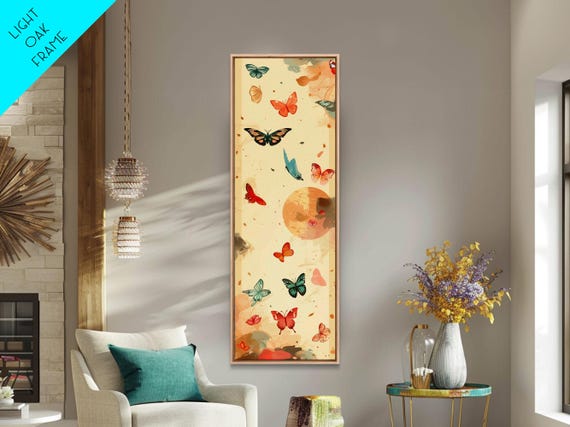 Colorful Butterflies Floating Across Light Background Tall Framed Print For Wall Decor