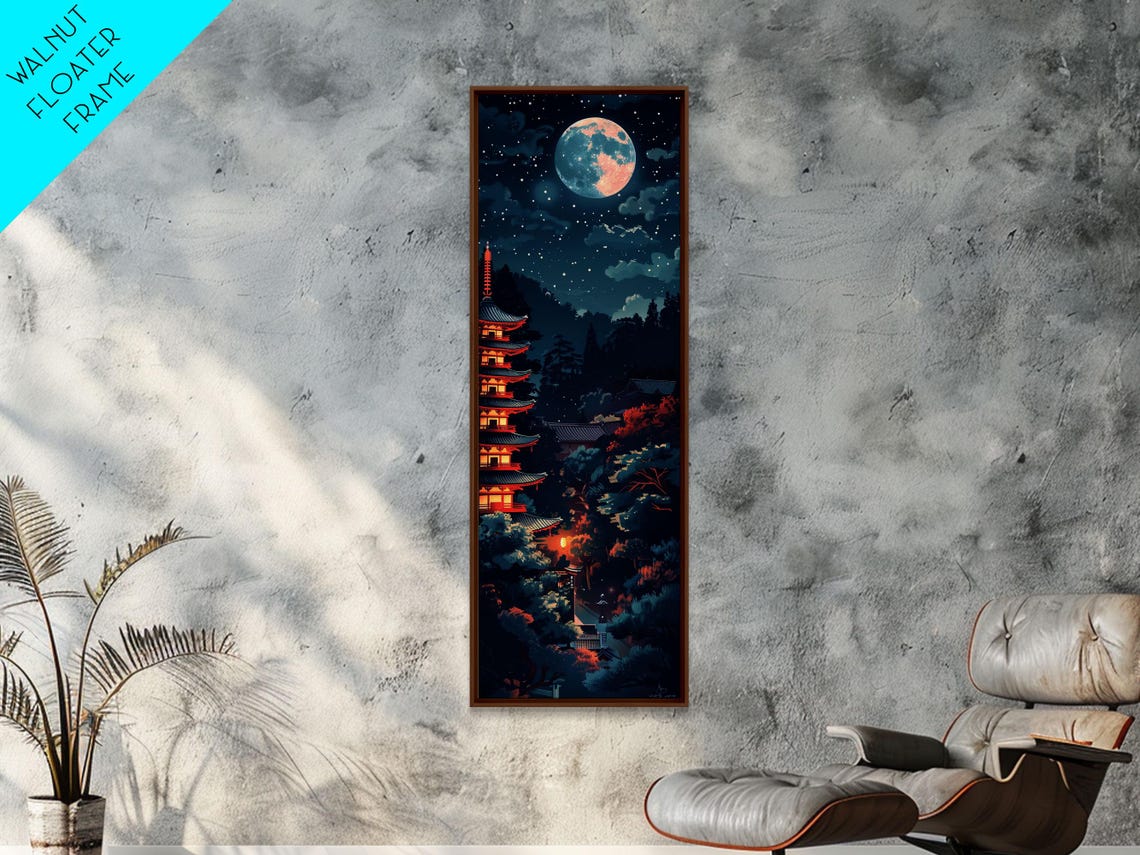 Japanese Pagoda Temple Full Moon Night Blue Red Tall Art Poster - Image 3