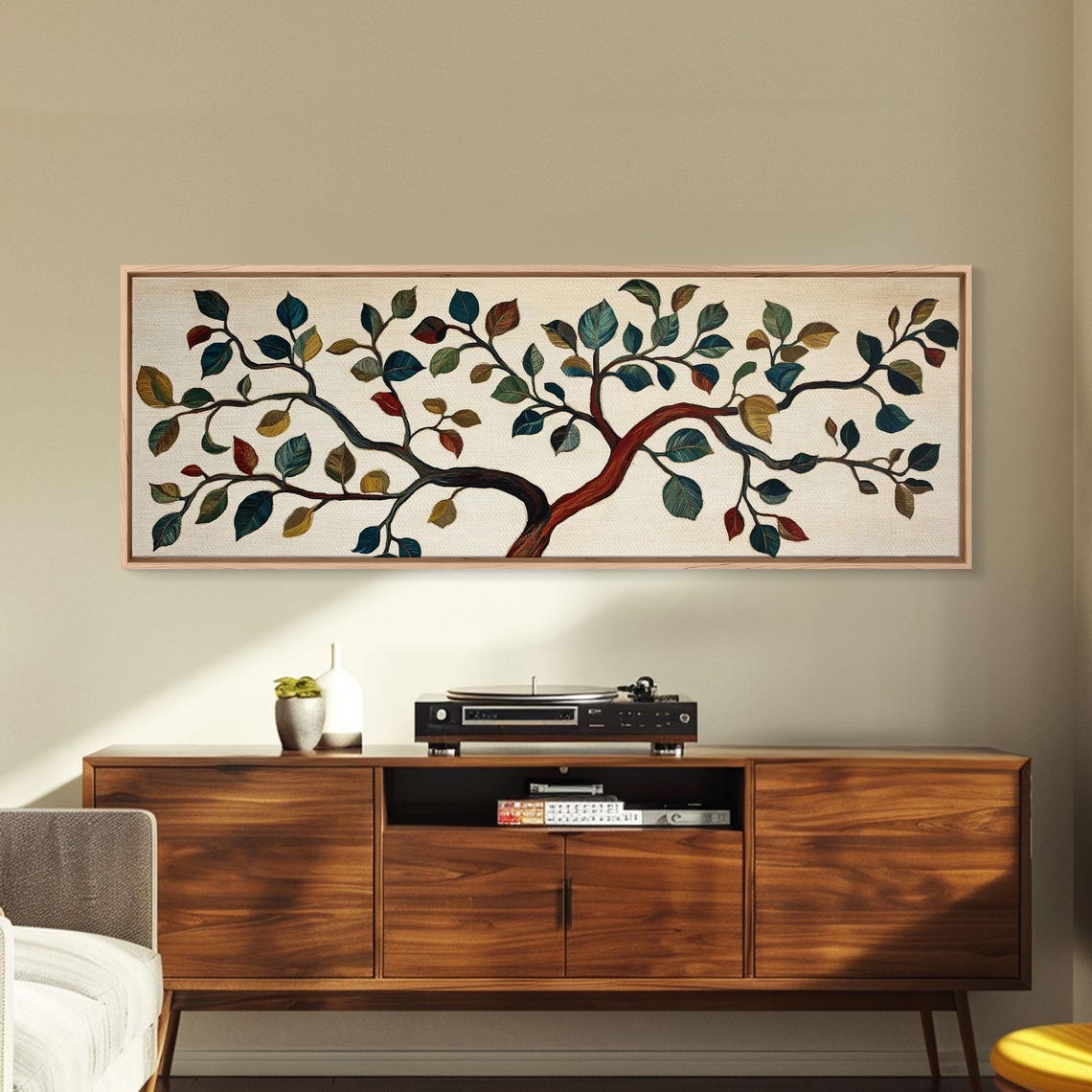 Boho Tree Branch Textile Style Colorful Leaves Panoramic Art Print - Image 6