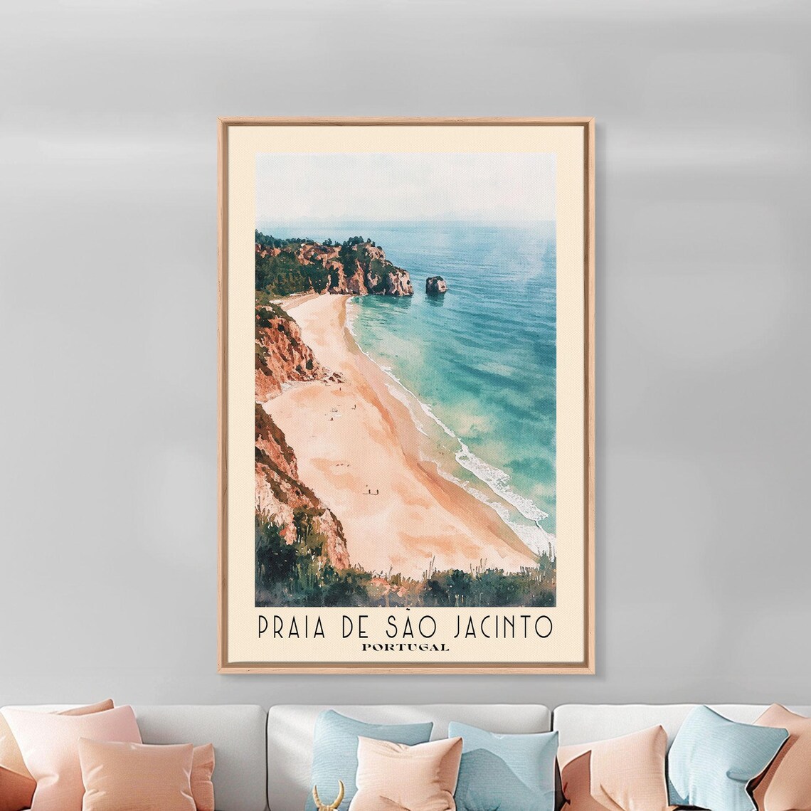 Praia de Sao Jacinto Portugal Aerial Beach View Cliffs Turquoise Sea Watercolor Poster - Image 3