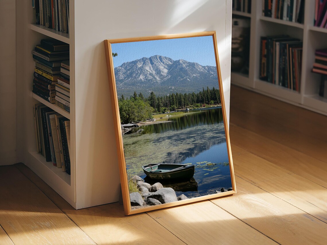 Mountain Lake Wooden Rowboat Pine Forest Serene Reflection Nature Travel Poster - Image 3