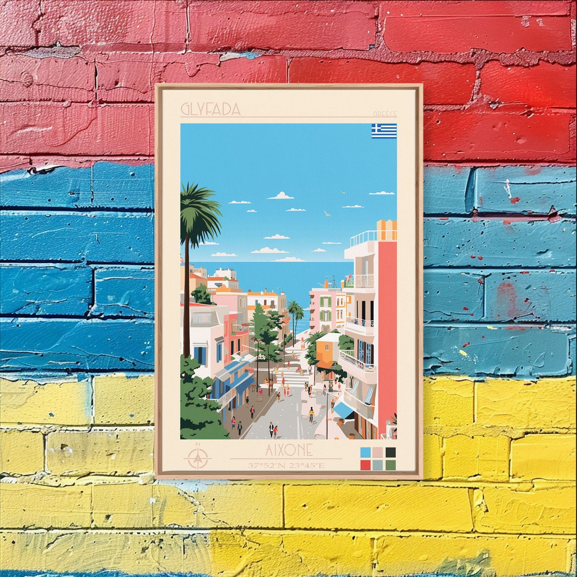 Glyfada Greece Coastal Street Palm Trees Blue Sea View Poster - Image 2
