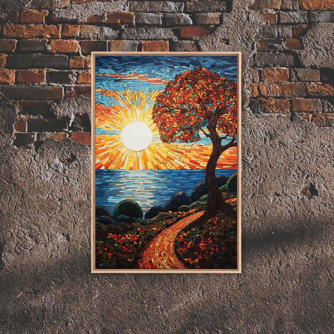 Mosaic Ocean Sunrise Red Leaf Tree Winding Path Coastal View Art Poster - Image 5