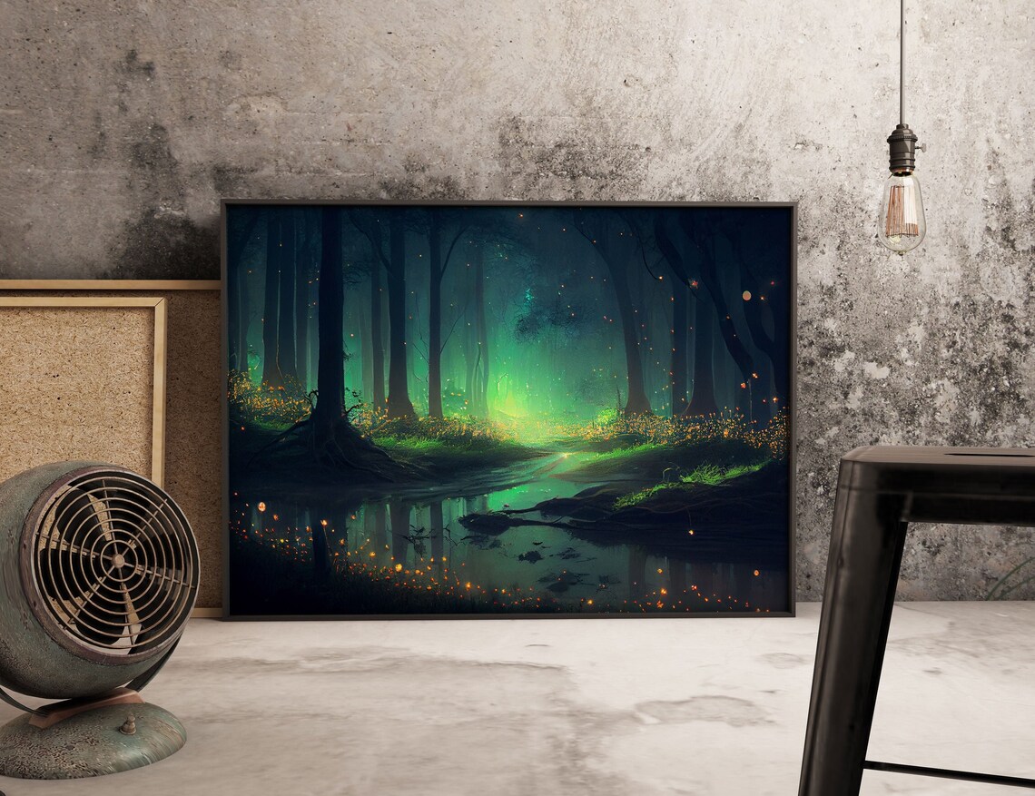 Fireflies In Forest Swamp Night, Nature Art Print - Image 4