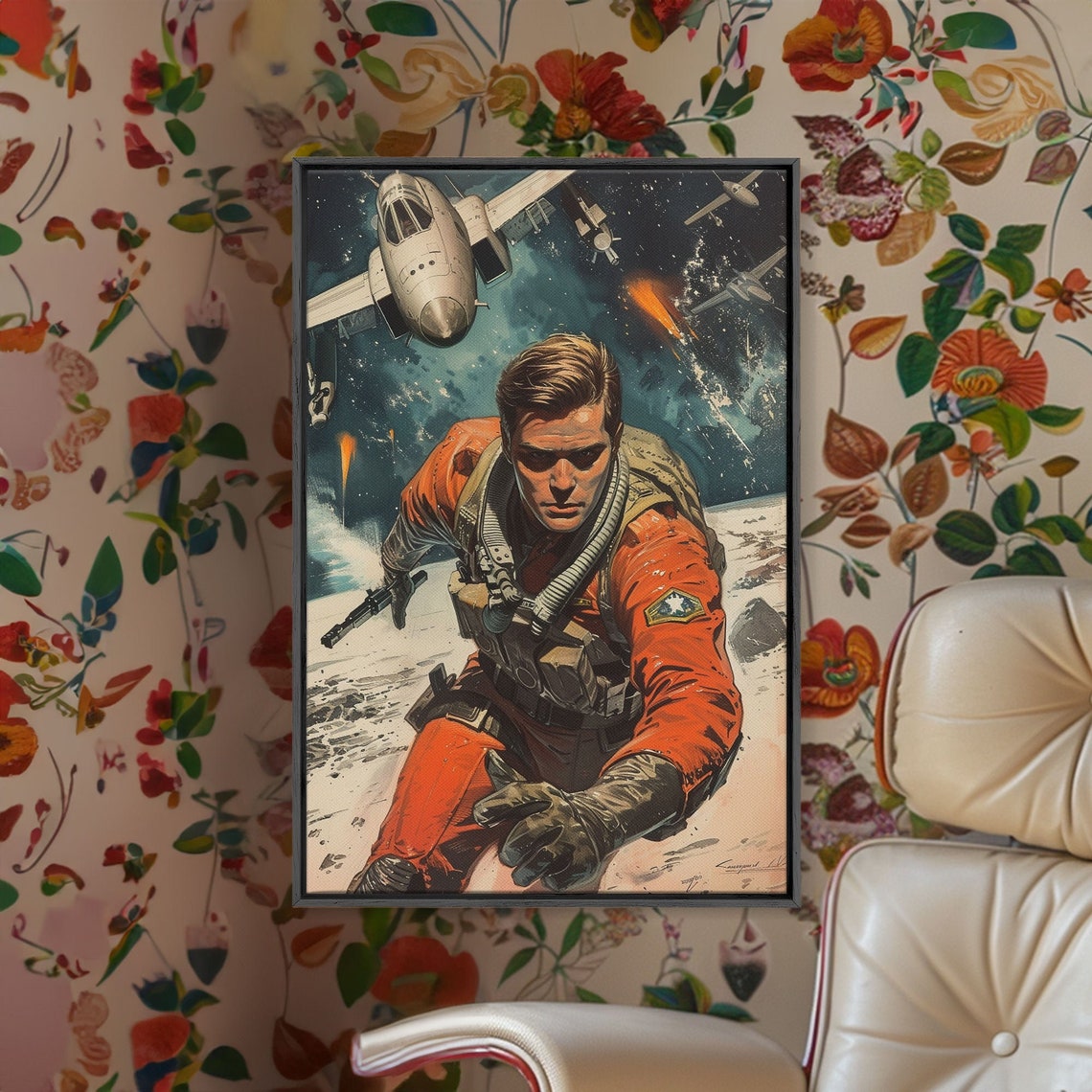 Retro Comic Space Pilot Poster Soldier Reaching Out with Jet Above