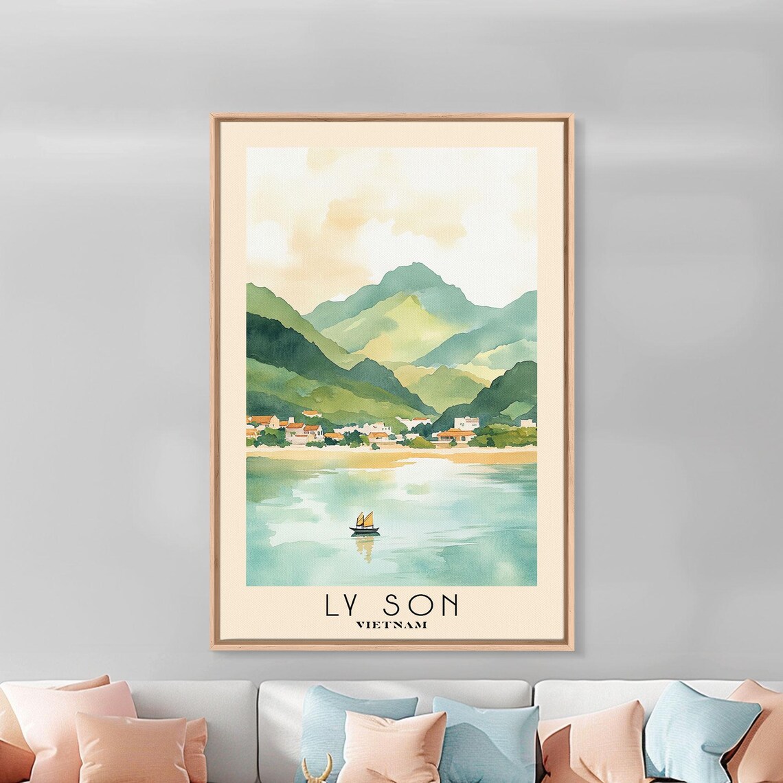 Ly Son Vietnam Sailboat Bay Green Mountain Village Watercolor Poster - Image 4