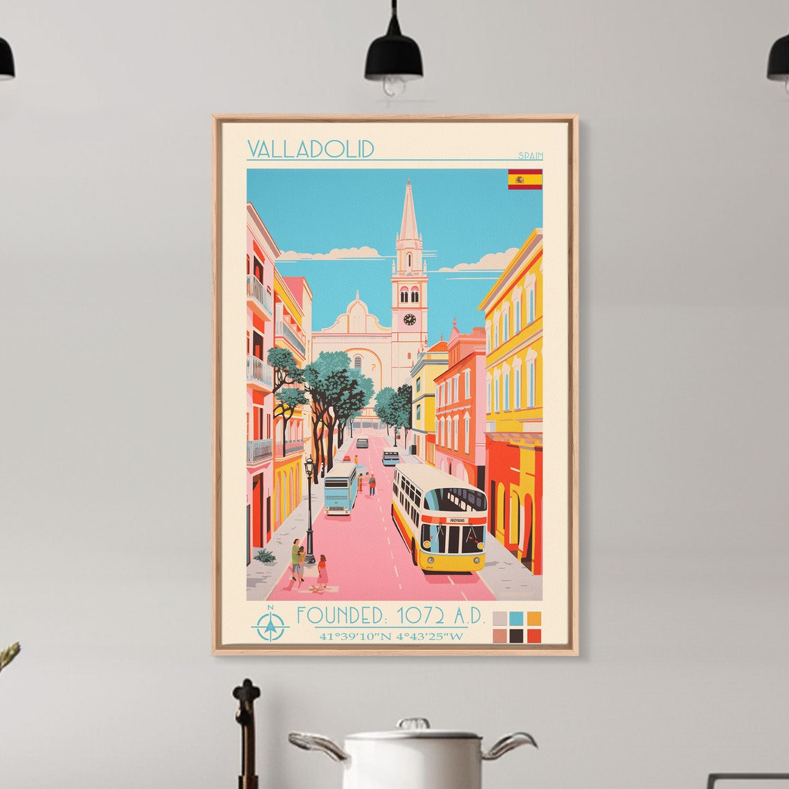 Valladolid Spain Cathedral Street With Vintage Buses Travel Poster - Image 3