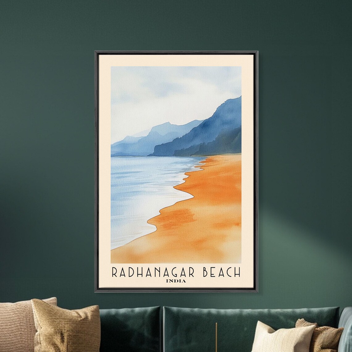 Radhanagar Beach India Golden Sand Shore Blue Mountains Calm Water Watercolor Poster - Image 5