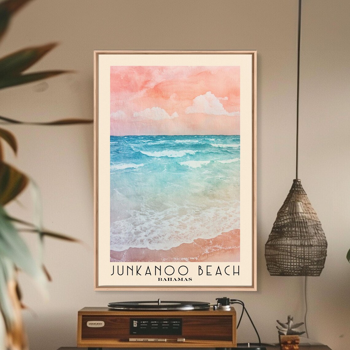 Junkanoo Beach Bahamas Pink Sky Turquoise Surf Waves Watercolor Art Poster