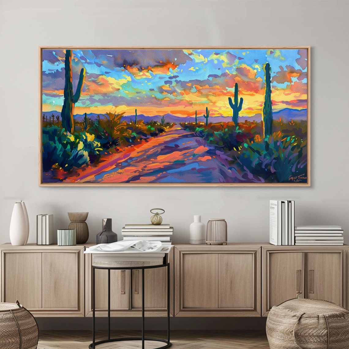 Southwest Desert Road Sunset Saguaro Cacti Mountain View Art Poster - Image 2