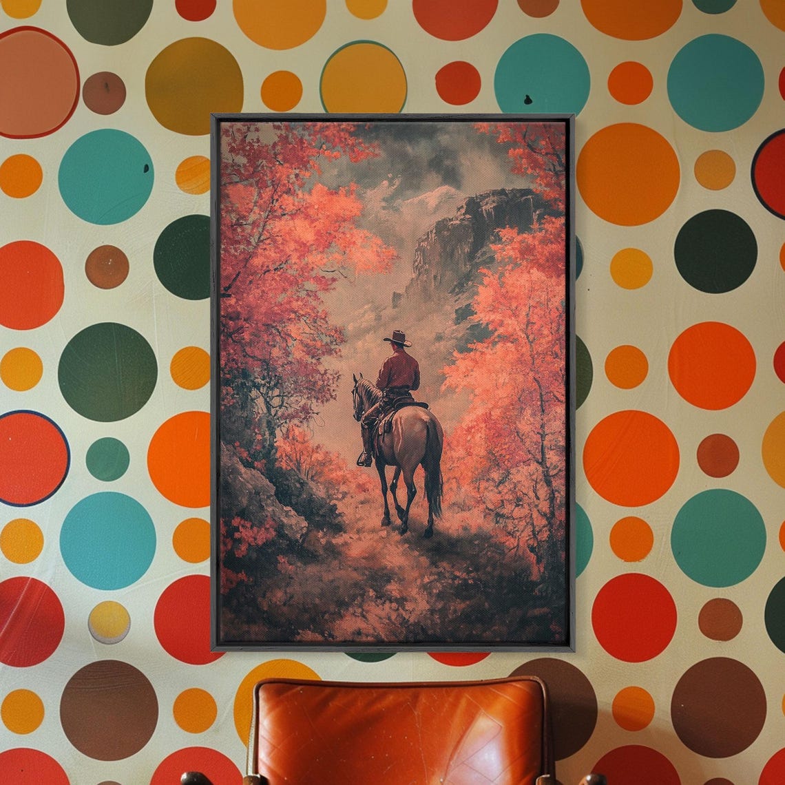Cowboy On Horseback Canyon Path Blazing Red Autumn Trees Rocky Poster - Image 5