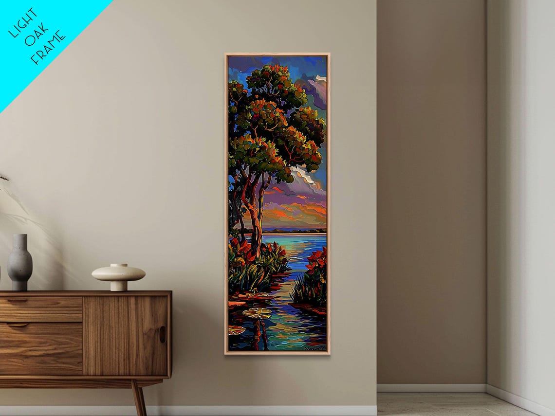 Sunset Over Waterway With Tall Trees And Lily Pads Impasto Lake Poster - Image 6