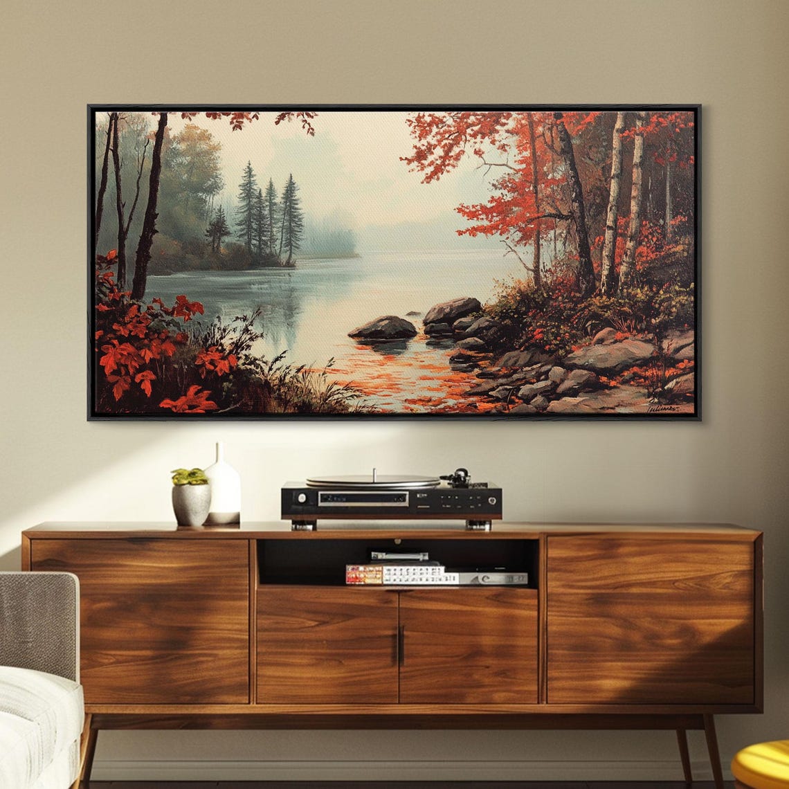 Fall On The River Autumn Lake Red Foliage Pines Misty Landscape Poster - Image 2