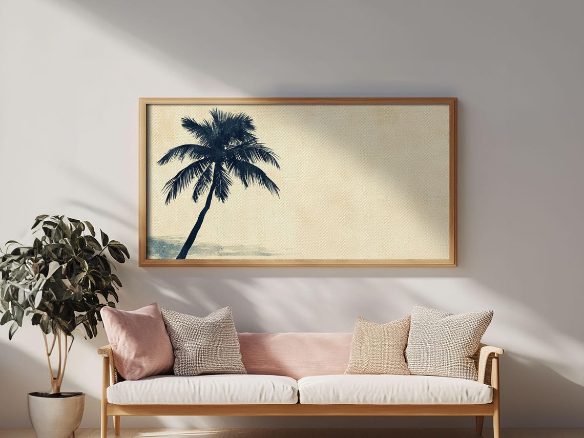 Leaning Palm Tree Silhouette Cream Beach Minimalist Painting Wall Art - Image 2