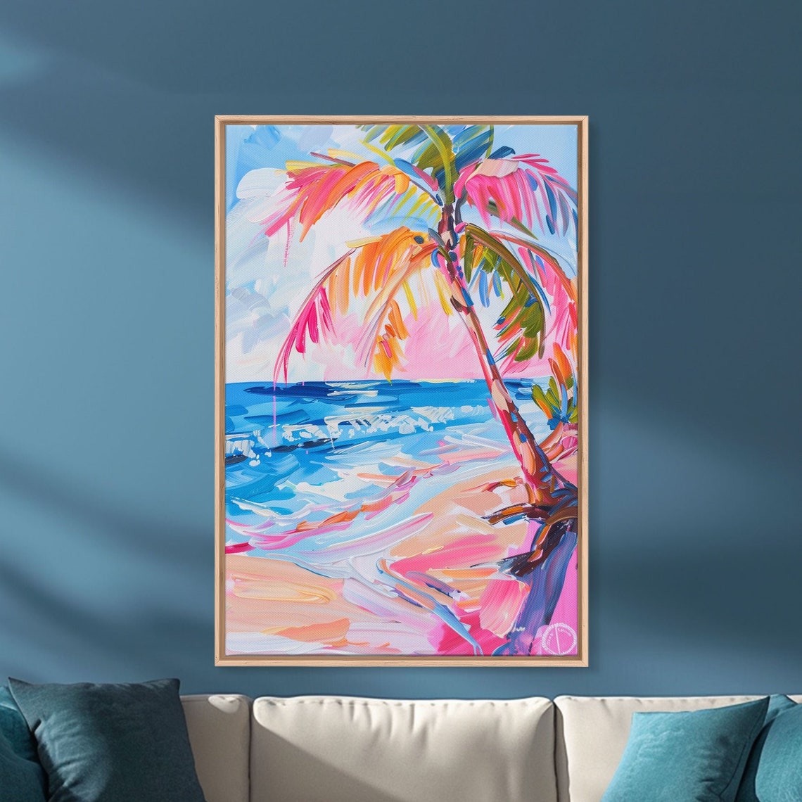 Colorful Palm Tree On Pink Beach Turquoise Waves Travel Poster - Image 4