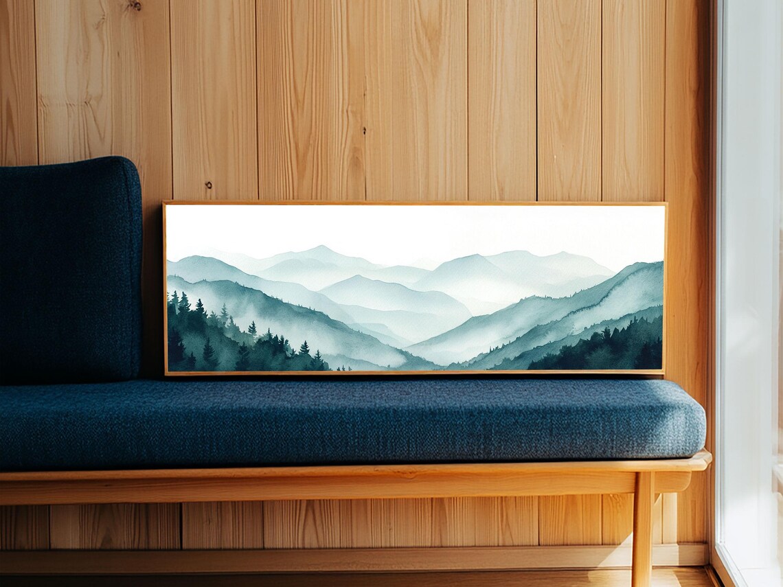 Indigo And Emerald Green Blue Ridge Mountains Framed Print Panoramic Home Decor Horizontal Art Mountain Landscape Painting - Image 3