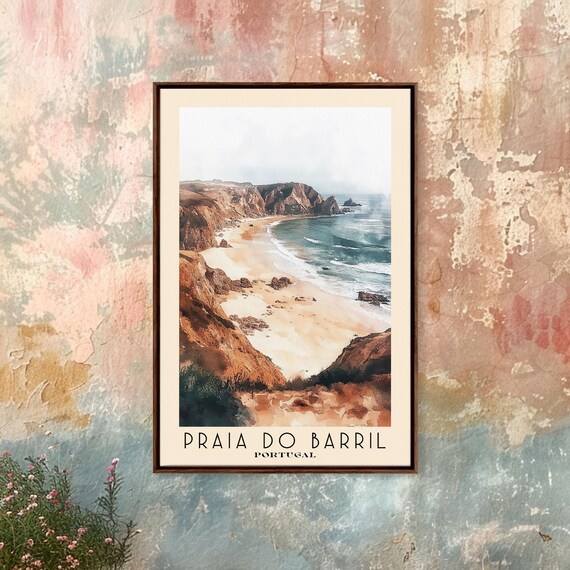Praia do Barril Portugal Sandy Cove Between Red Cliffs Blue Surf Watercolor Poster