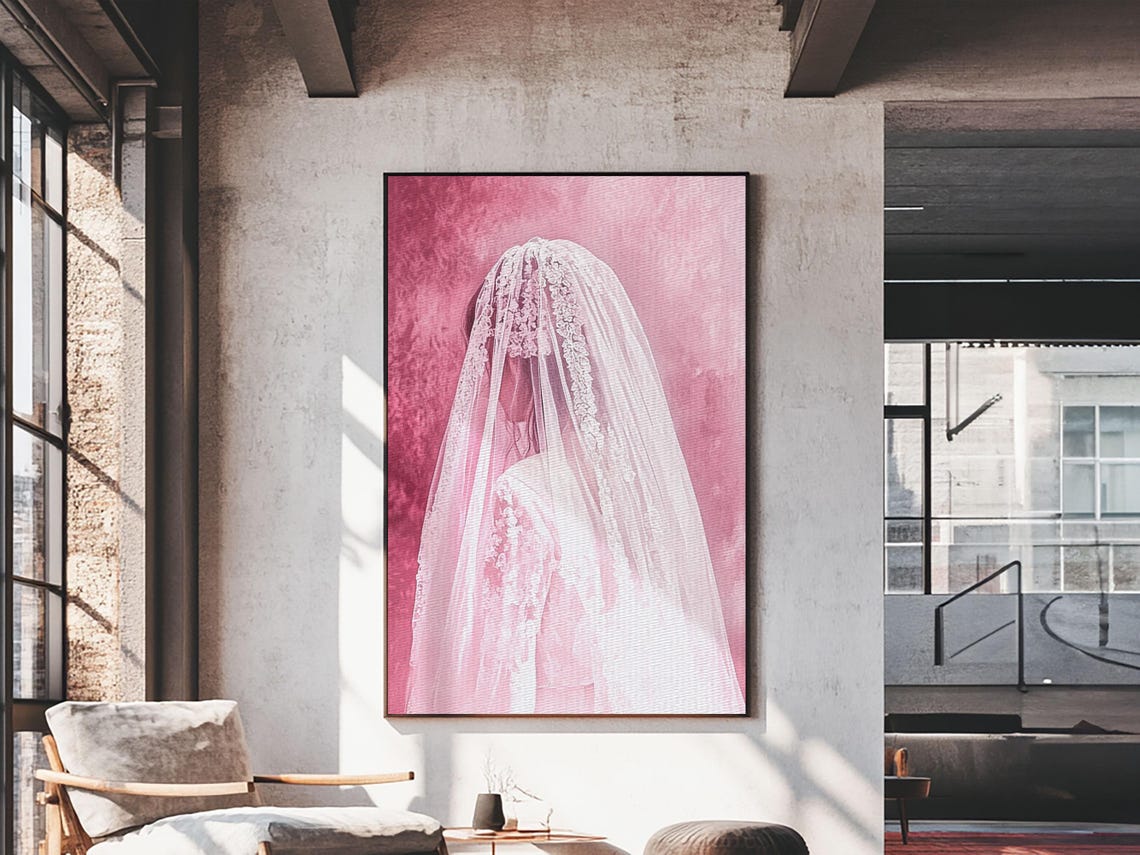 Pink Bride Veil Silhouette Romantic Bridal Portrait Art Wall Poster