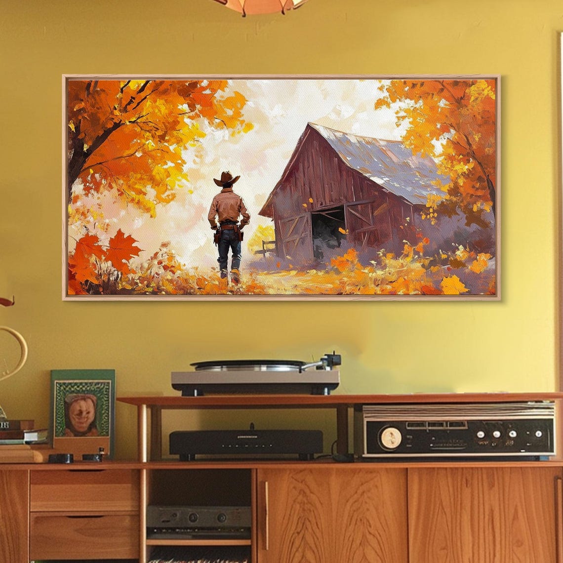 Cowboy Walking Toward A Red Barn Through Bright Fall Foliage Print - Image 3