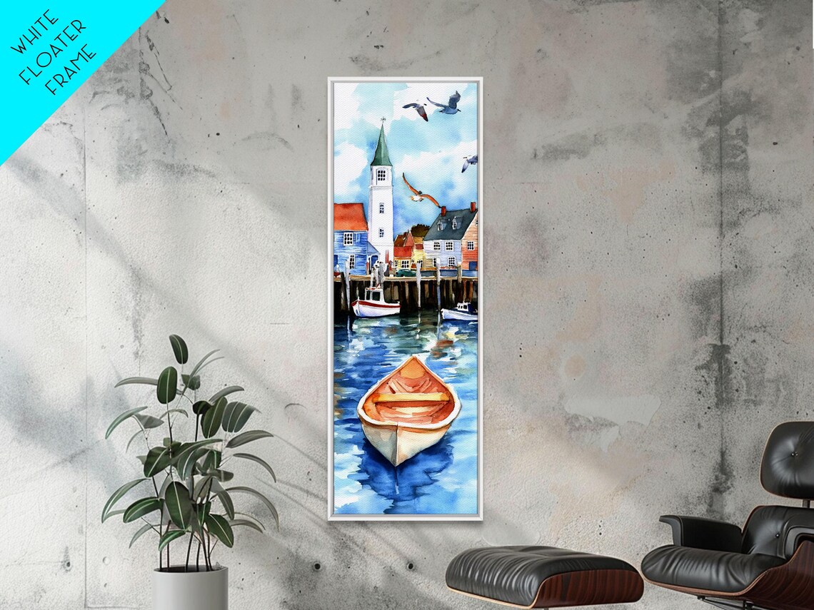 Tranquil Coastal Village Church Steeple Boats Seagulls Harbor Art Poster - Image 3