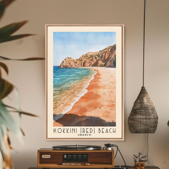 Kokkini Red Beach Greece Red Sand Cliffs Turquoise Water Watercolor Poster