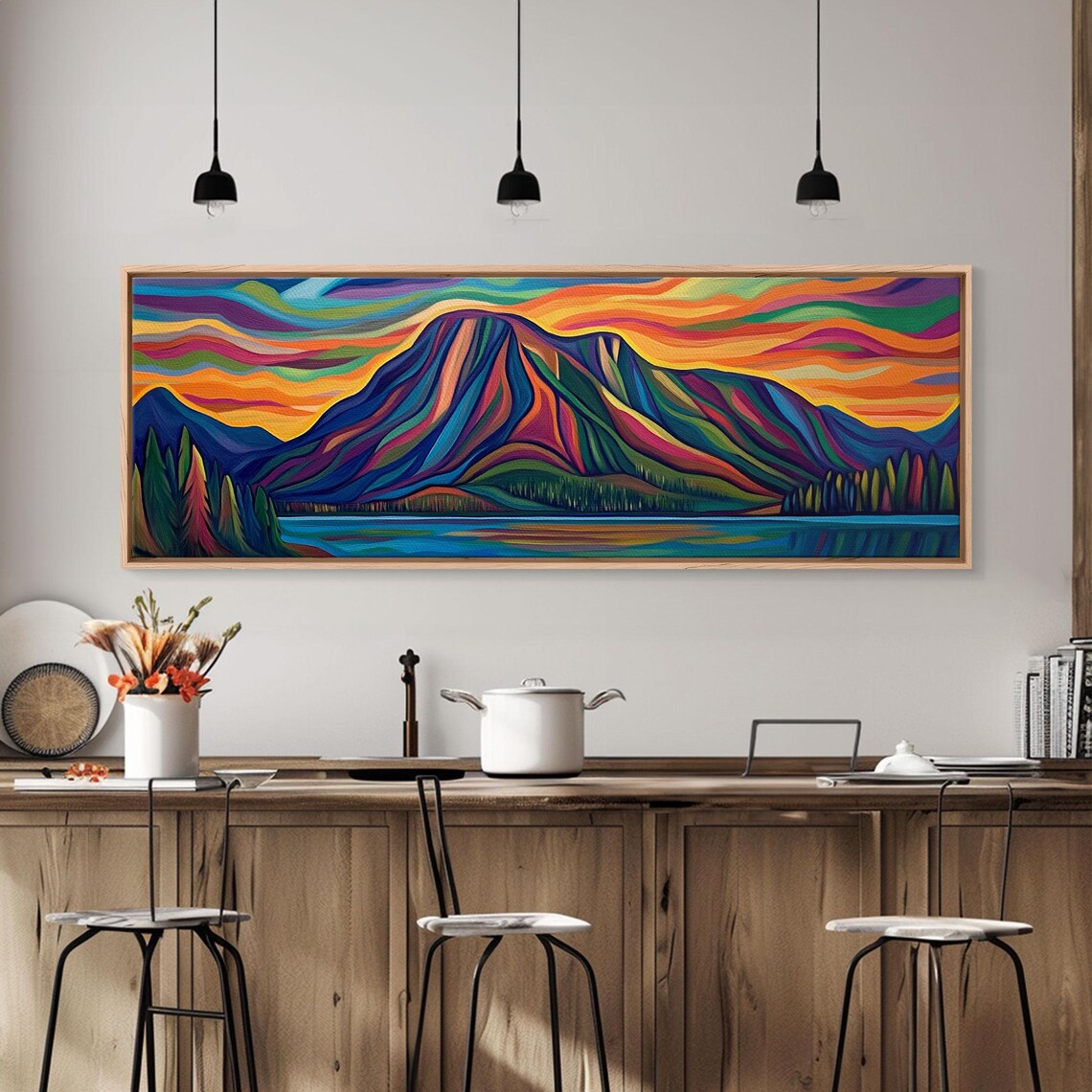 Stained Glass Mountain Sunset Rainbow Colors Vibrant Landscape Art - Image 2